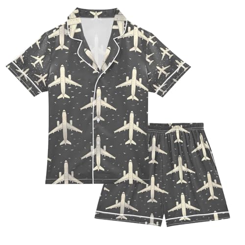 senya Plane Outlines Shadows Satin Summer Pajama Sets Silk Short Sleeve Button Down Sleepwear