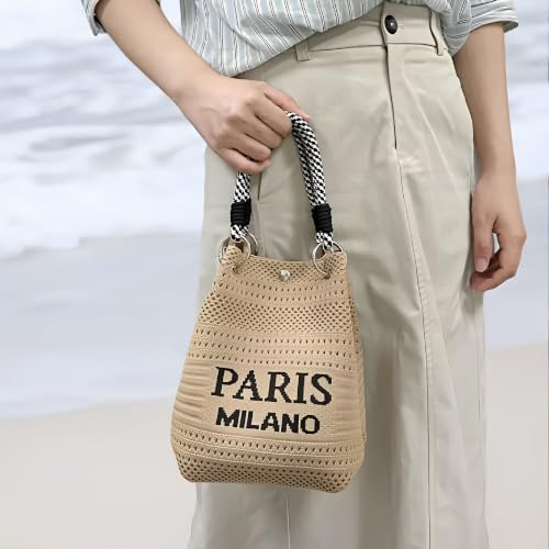 Image of Knitted Bucket Bag for Women, Large Capacity Shoulder Handbag with Magnetic Closure, Woven Tote Purse for Shopping, Travel, Office & Daily Use- Khaki, Pack of 1