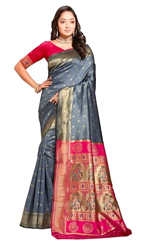 Image of C J Enterprise Women's Pure Kanjivaram Silk Saree Paithani Soft Wedding Sarees With Blouse Piece (Chand paithani)