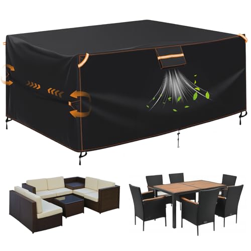 GARPROVM Patio Furniture Covers Waterproof, 200x165x80cm Outdoor Furniture Cover, 420D Garden Sofa Cover with Vent, Straps, Handles, Buckles, Drawstring, Black + Orange Stitching + Reflective Strips