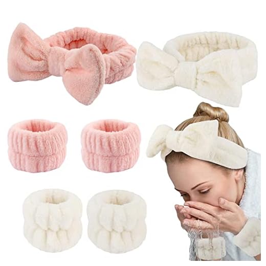 DULSPUE Diadema Maquillaje,Cinta Pelo Maquillaje Mujer,muñequeras desmaquillar,Cinta Pelo Mujer,Conjunto de muñeca con Diadema para Lavado de Cara, Diadema elástica, Accesorios para Mujer (6 Piezas)