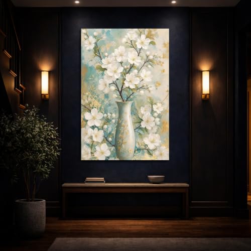 Décoration murale salon fleurs blanches art moderne vertical
