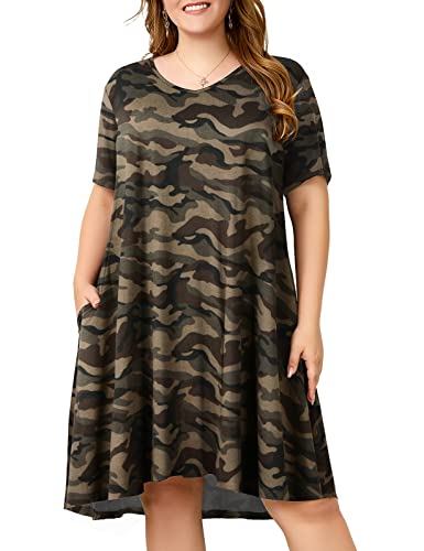 Image of OVERWORETY Womens Short Sleeve Plus Size T-Shirt Dress V Neck Casual Loose Swing A-Line Summer Tunic Dresses with Pockets