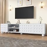 Merax Mueble de TV de 200 cm para televisores de 80 pulgadas, mueble bajo blanco con 3 puertas y compartimento semiabierto, armario moderno con 5 patas estables para sala de estar