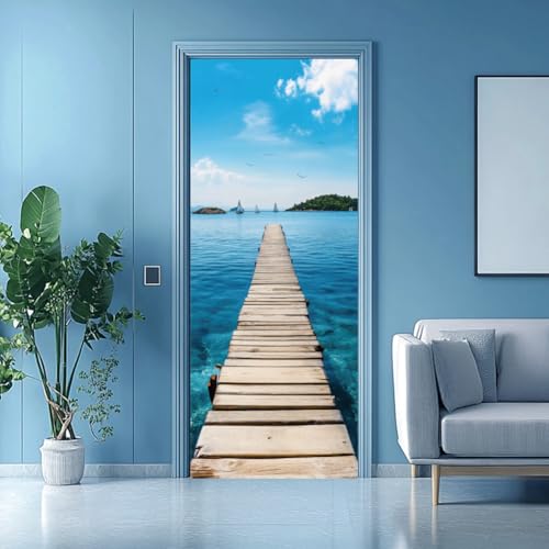 arricraft 2 Stück Selbstklebender Türaufkleber Türaufkleber Mit Meeresmotiv Segelboot Möwen Und Brückenmuster PVC Türaufkleber Entfernbare Tapetendekoration Für Schlafzimmer Und Wohnzimmer