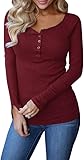 Remikstyt Womens Long Sleeve Henley Shirts Ribbed Button Down Casual Tunic Tops Burgundy