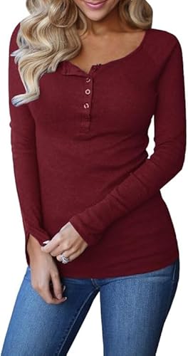 Remikstyt Womens Long Sleeve Henley Shirts Ribbed Button Down Casual Tunic Tops Burgundy