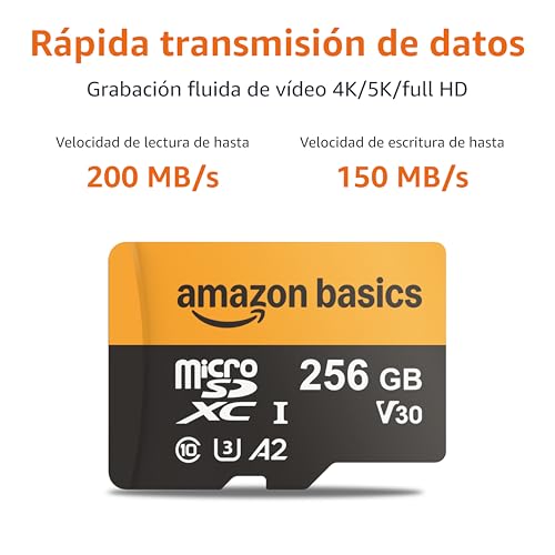 Gráfico mostrando la velocidad de lectura de hasta 200 MB/s y velocidad de escritura de hasta 150 MB/s de la tarjeta microSD Amazon Basics de 256 GB.