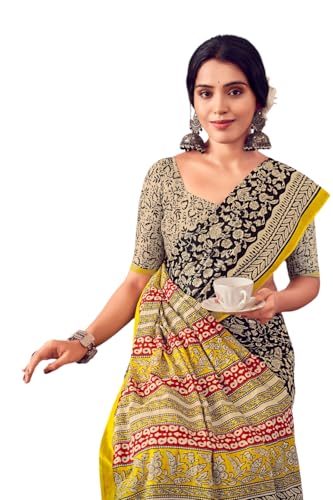Ikkat Hand Print Soft Mul Cotton Lightweight Saree with Blouse Pi...