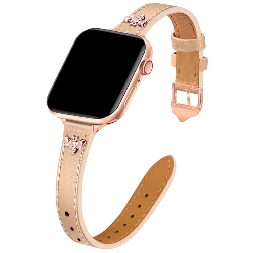 Image of JR.DM Slim Leather Bands Compatible with Apple Watch Band 38mm 40mm 41mm 42mm 44mm 45mm 46mm 49mm, Genuine Leather Band with Charms, Feminine Design for Iwatch Ultra SE Series 11 10 9 8 7 6 5 4 3 2 1