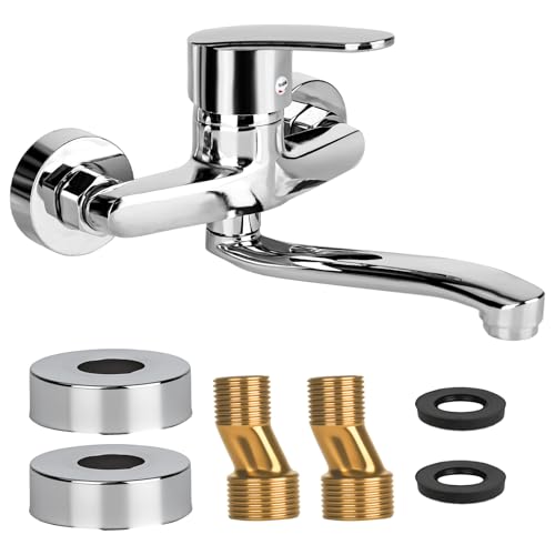 YYTECH Wasserhahn Küche Wandmontage Wasserhahn Wandmontage 360 Drehbar Armatur Küche Wandarmatur Kalt und Heiß Einhebelmischer Mischbatterie Spültischarmatur Mischbatterie 24cm Schwenkarm Chrom