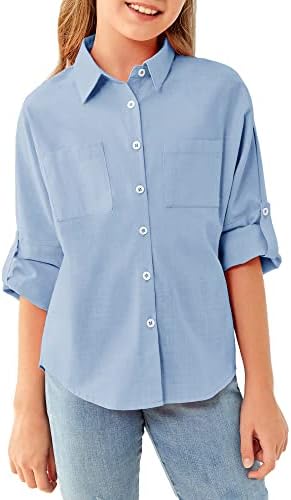 Modershe Girls Roll Up Cuffed Sleeve Button Down Shirts Cute Casual Pockets Blouses 5-14 Years Kids Loose Collared Tunic Tops Light Blue