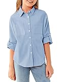 Modershe Girls Roll Up Cuffed Sleeve Button Down Shirts Cute Casual Pockets Blouses 5-14 Years Kids