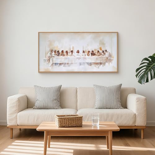 Image of KAIRNE Jesus Last Supper Framed Canvas Wall Art Set, Christian Twelve Apostle Wall Decor, Bible Renaissance wall Painting, Religious Picture Art Print for Living Room, Bedroom, Church-40 x20 x1