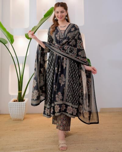 Image of Nermosa Women's Printed Anarkali Kurta and Palazzo Pant Set with Dupatta