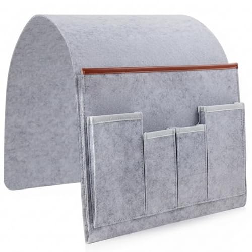 Organizador de mesita de noche, soporte de fieltro colgante para mando a distancia de sofá con 5 bolsillos, organizador antideslizante para reposabrazos para llaves, gafas, teléfono y revistas