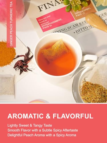 Image of TeeLux Ginger Peach Turmeric Tea Bags, Warm Ginger with Tart Hibiscus & Soothing Chamomile, Tart & Sweet Flavor, Caffeine Free, 100 Count