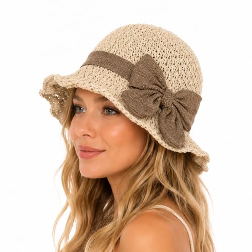 Sombrero de paja tejido para mujer con lazo y ala ancha