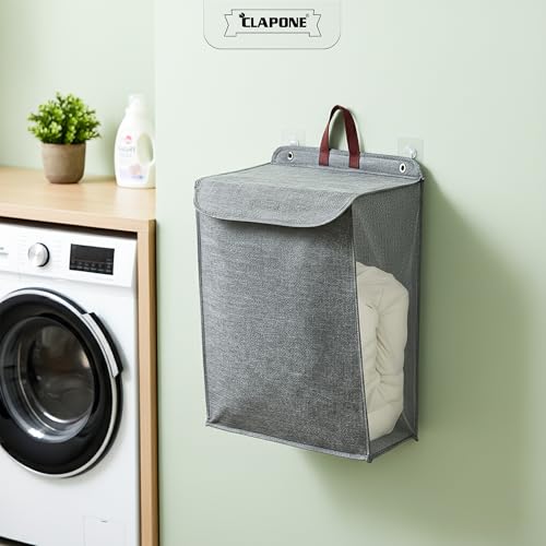 Image of Wall Hanging Laundry Basket Collapsible Laundry Hamper with Handle & Laundry Balls Foldable Space-Saving Dirty Clothes Organizer for Bathroom & Bedroom (Grey, Large)