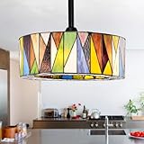 Home Accessories Svenja Black Lighted Ceiling Fan with Multi-Colored Earth Tones Tiffany Style Glass Shade Fandelier with Remote