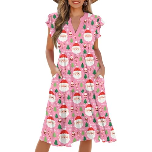 Image of Womens Summer Dress Ruffle Sleeve V Neck Dress Casual Fit Flowy Beach Vacation Sundress with Pocket S-2XL