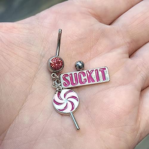 Piercing de umbigo 14G Rosa CZ Pedra 316L Aço cirúrgico Suck It Pendente Anéis de Umbigo Rosa Piruli
