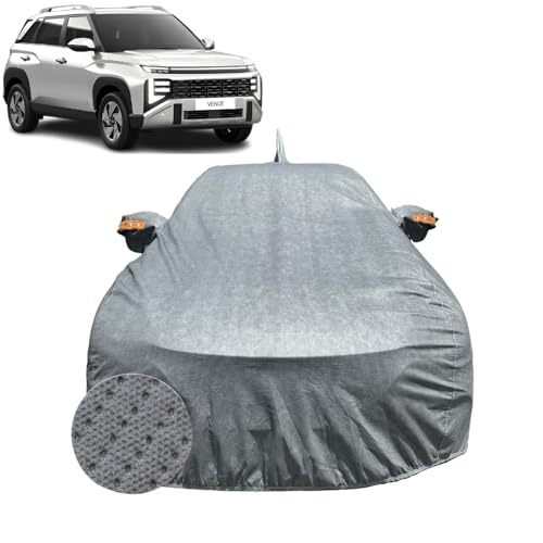 Image of Car Cover Compatible For Hyundai Venue (2019-2026)| 100% Waterproof Cover with Antenna & REFLECTIVE Mirror Pockets | Dustproof, Scratchproof, Heatproof Venue Car Cover|Soft Cotton Lining|GREY