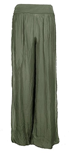 Femme Italien Lagenlook Couches superposées Plaine Soie Rabat Taille Puffball Style Harem Pantalon Leggings Joggers Pantalon Loose Baggy Taille Unique 36-44 (Taille unique: régulière, Kaki)