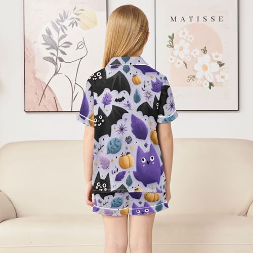 Satin Pajama Sets Short Sleeve Halloween Themed Bat Pattern Design Button Down Silky Nightwear 2 Piece PJS 5-14Y4