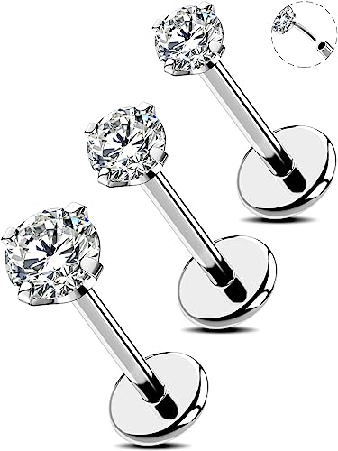 OUFER 20G 18G Nose Studs Rings Nostril 3pcs Flat Back Conch Tragus Helix Piercings Jewellery Threadless Push-in Surgical Steel Labret Lip Bar Cartilage Earrings CZ Medusa Monroe Women Body Jewellery