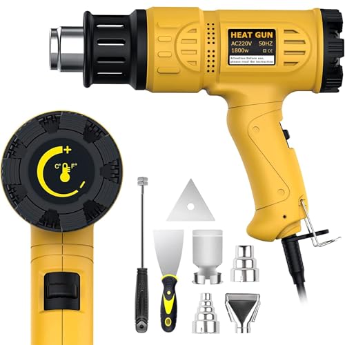 STEUGO Heat Gun 1800W 122℉~1112℉（50℃- 600℃）Fast Heating Heavy Duty Hot Air Gun Kit Variable Temperature Control Overload Protection with 4 Nozzles for Crafts, Shrinking PVC, Stripping Paint(220V)