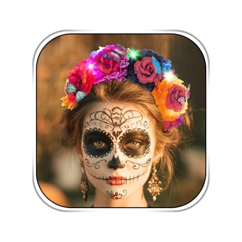 Abien Light Up Halloween Headband Mexican Rose Flower Crown Headband Glitter Day of The Dead Floral Crown Costume Party Hair Accessories for Women(Colourful One Size)