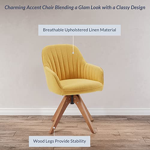 Belleze Mid Century Swivel Chair, Modern Makeup Vanity Chair, Upholstered Linen Accent Armchair With Dark Oak Wood Legs For Home Office Study Living Room Bedroom, Yellow #TOP3