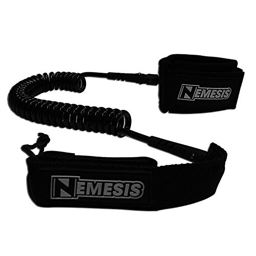 Own the Wave 'Nemesis' Premium 10' Stand Up Paddle Leash Coiled - Stainless Steel Double Swivels and Triple Rail Savers - for Paddleboarding and Surfing (Charcoal Black)