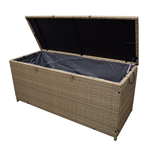 Image of Oakland Living Tan Indoor and Outdoor Balcony Patio Deck Porch Pool 113 Gallon Wicker Storage Box Trunk Bin with Metal Frame