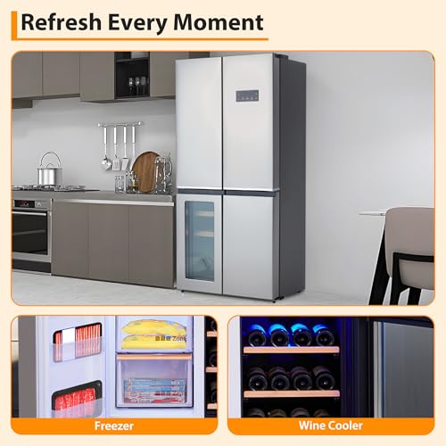36 Inch Refrigerator and Freezer, 21 Cu. Ft Counter Depth Fridge French Door Refrigerator with Wine Cooler, 4-Door Fridge with Automated Defrost & Touch Screen, Interior LED Light