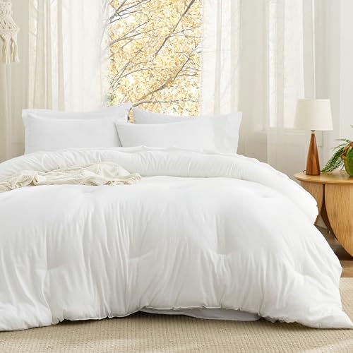 Image of Bedsure White King Comforter Set, Soft Bed in a Bag 7 Pieces, Alternative Bedding for All Seasons, Breathable Marshmallow Prewashed Bed Set with Comforters, Sheets, Pillowcases & Shams