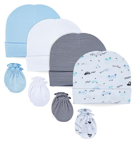 Image of RATIVE No Scratch Mittens and Hats 100% Cotton for Newborn Baby 0-6 Months Boys Girls