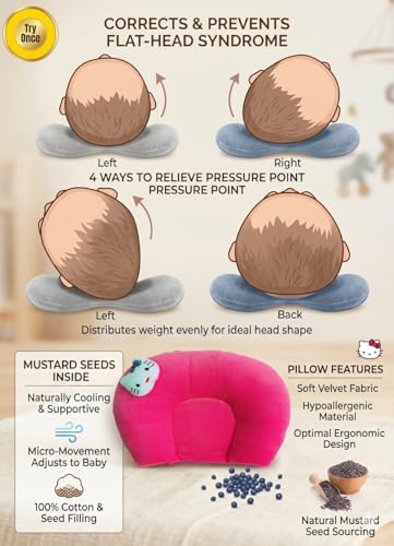 Image of Wavva Pillow for New Born Baby, Ideal for Round Head Shaping Pillow with Foam Cotton Cover for 0 to 12 Months Babies (Pink)