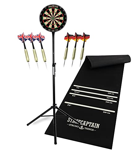 Stagecaptain DBS-1715 Bullseye Pro Dartscheibe Komplett Set - Profi Steeldartscheibe aus Sisal - Dartteppich aus Gummi - Höhenverstellbarer Ständer - 6 Dartpfeile und 4 Sets Flights - Schwarz
