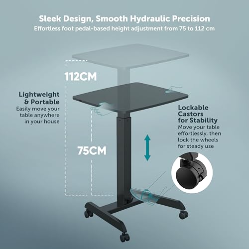 Image of JIN OFFICE Ergonomic Height Adjustable Laptop Desk| 1 Year Warranty| Sit Stand Table with Lockable Wheels| Standing Desk for Home Office| Thick Column and Wide Steel Base| Spacious MDF top| Black