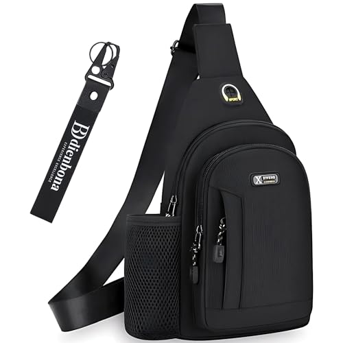 Water Resistant Sling Bag with Bottle Holder and Headphone Cable Hole, Anti-theft Crossbody Chest Pack & Key Ring Strap (Black) - Main Image