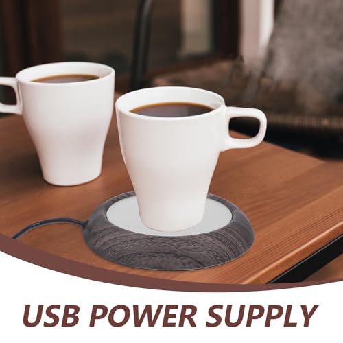 USB Heating Coaster Cup Warmer for Coffee and Tea, Metal Base with Dark Wood Grain, Electric Beverage Warmer Pad for Desk Use in Winter