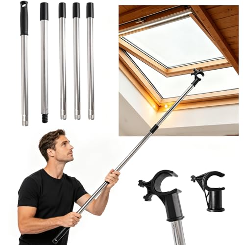 Teleskopstange Dachfenster Bedienstange 185cm Teleskopstange für Dachfenster/Jalousien Fensteröffner Verlängerung mit Stockhaken Dachfenster Stange zum öffnen Edelstahl für Velux GGL/GGU