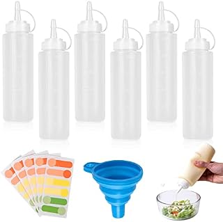 jind Plastic Squeeze Bottles, 6 pcs Condiment Bottles with Caps, 250ML Dispensers, Squeezy Sauce Bottles, for Sauce, BBQ, Hot and Olive Oil (Come 1*Funnel+30*Sticker), White