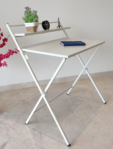Image of BLUMUNO X-Plus Folding Table I Spacious, Foldable and Sturdy Desk with 2 Levels for Study /Home Office /Work from Home I Multipurpose Table I No Assembly Required (Premium White Wood Finish)