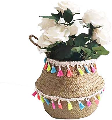 SZETOSY Natural Seagrass Storage Basket - GOODCHANCEUK Seagrass Belly Basket With PomPom Foldable Woven Basket With Handle for Laundry, Toys or Planters,Nursery Style#5 22x20CM
