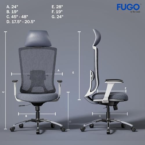 Image of FUGO FG410 with 3 Years Warranty, Ergonomic Office Chair, Computer Chair with Adjustable Headrest, Lumbar Support, Breathable Mesh, 360 Swivel, Recline Function, and Heavy-Duty Base (White)
