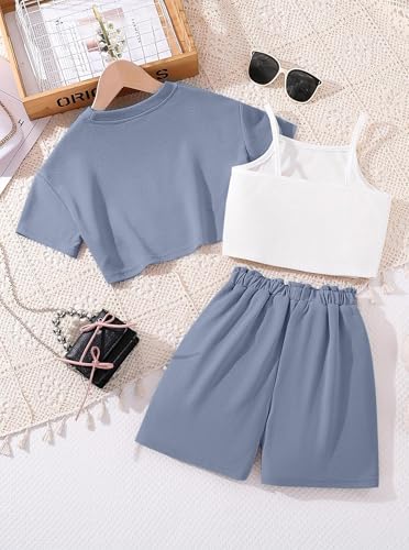 Girl's Summer 3 Piece Outfits Graphic Short Sleeve Crop Top Cami and Shorts Clothes Set2