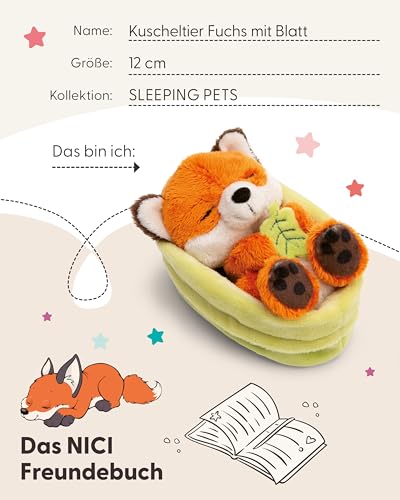NICI Kuscheltier Fuchs mit Blatt 12cm schlafend im im Körbchen - orange - Stofftier aus weichem Plüsch, niedliches Plüschtier zum Kuscheln und Spielen, für Kinder & Erwachsene - 61581